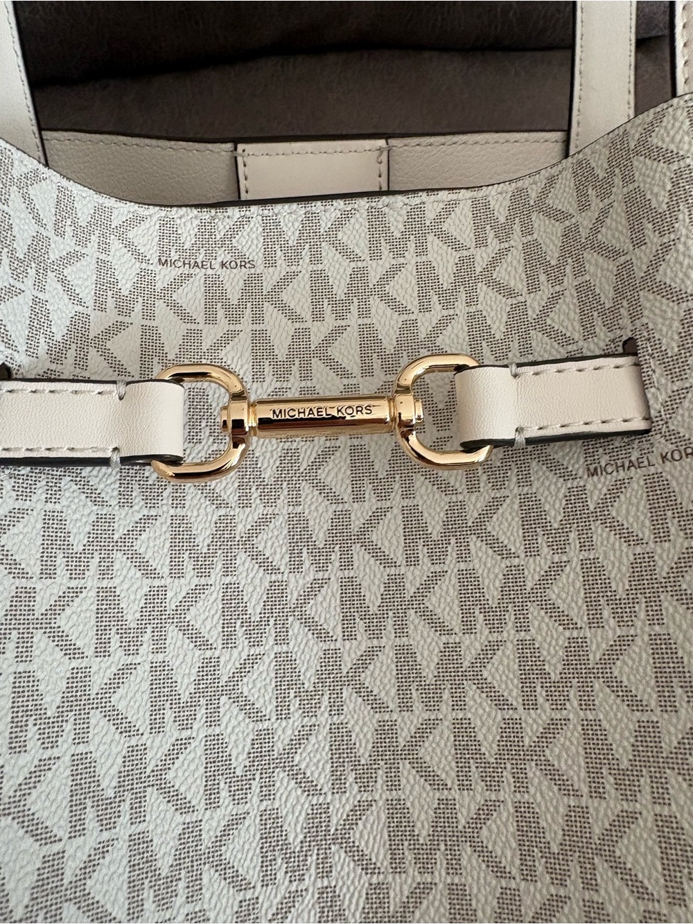 Michael Kors Cream and White Signature MK Tote with Gold Hardware